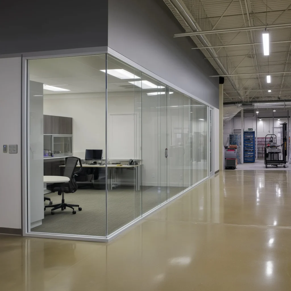 Modern office construction project with open floor plan and natural lighting